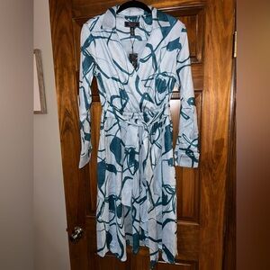 Christian Siriano Blue and White Abstract Long Sleeve Dress